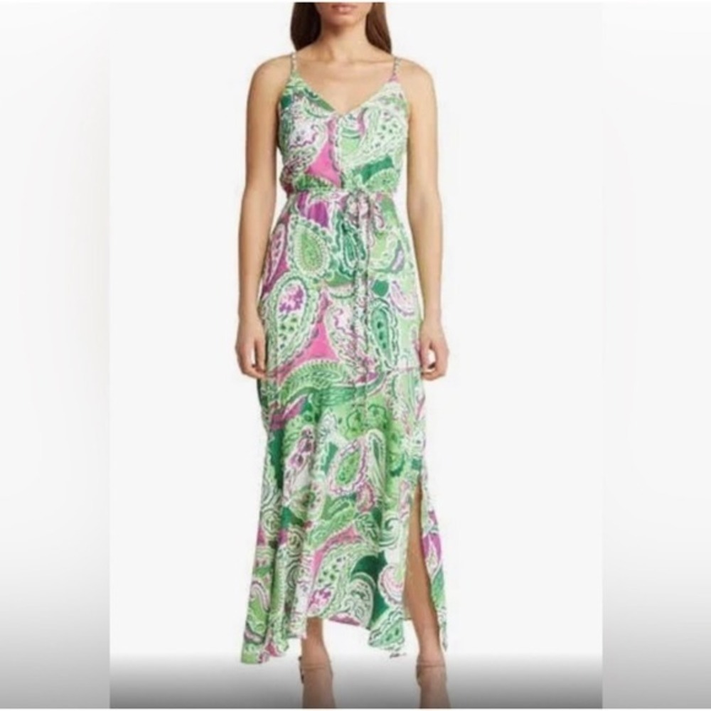 Sam Edelman Spring Paisley Boho Maxi Dress Braided Trim Pink Green‎ Sz 14 V-Neck